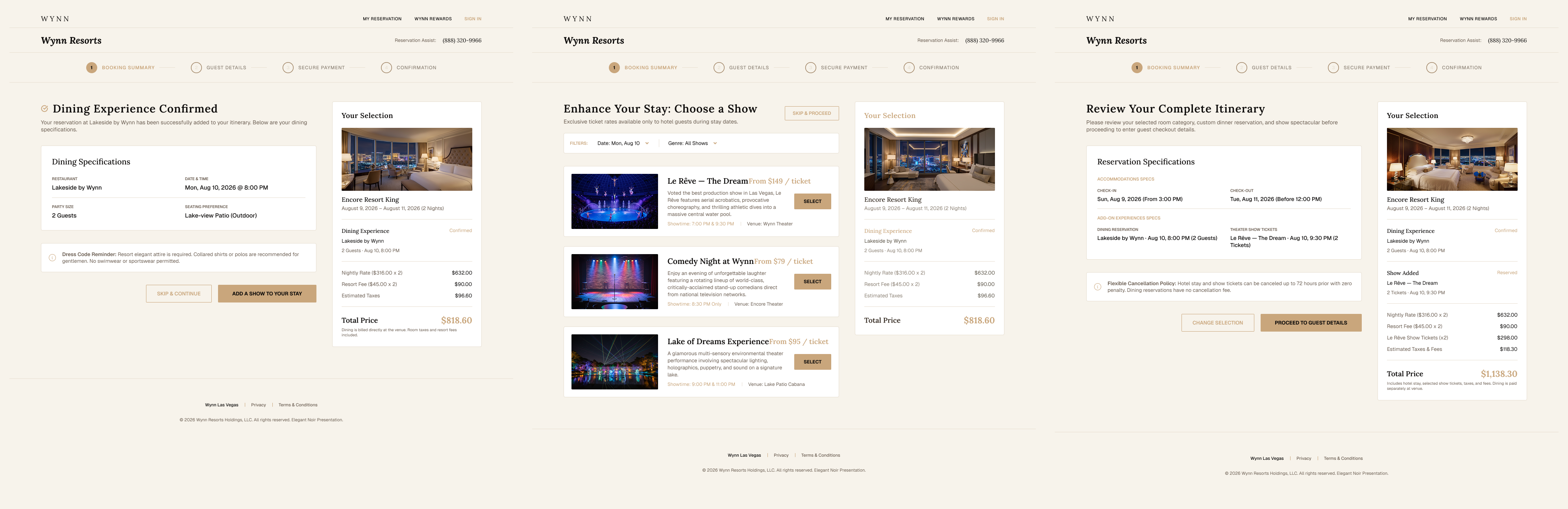 Wynn Las Vegas full booking flow, light theme